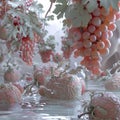 Grapes and Melons Floating on Water, Surrounded by Detailed Elements Royalty Free Stock Photo