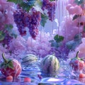 Grapes and Melons Floating on Water, Surrounded by Detailed Elements Royalty Free Stock Photo