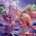 Grapes and Melons Floating on Water, Surrounded by Detailed Elements Royalty Free Stock Photo
