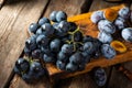 Grapes on a old wooden table. Blue grape. Black grape. Vine grape. Still life of food. Royalty Free Stock Photo