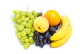 Grapes, peaches, bananas and orange