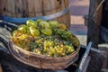 Grapes and pears in wooden bowl Royalty Free Stock Photo