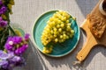 Grapes on the plate, sweet cake with raisins and mug with herbal tea on a wooden board and flowers, natural light from the window. Royalty Free Stock Photo