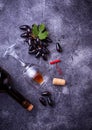 Grapes, red wine, glass, corkscrews and cork Royalty Free Stock Photo