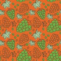 Grapes seamless pattern. Hand drawn fresh berry. Multicolored vector sketch background. Colorful doodle wallpaper. Green and oran