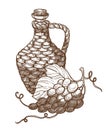 Grapes and wicker jug of wine, winemaking industry, isolated sketch