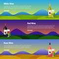 Grapes, wine in bottles decanters and glasses flat color horizontal banner set vector illustration