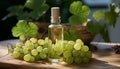 Grapeseed oil in a clear bottle with fresh green grapes on a wooden table