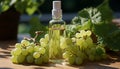 Grapeseed oil in a clear bottle with fresh green grapes on a wooden table