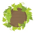 Grapevines plant around the barrel. Wooden barrel of wine. Place for text. Grape green leaves. Vector flat Illustration for bar,