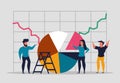 Graph analysis, company profit statistics. Team analyzes data together, teamwork. Large amount data for analysis and information