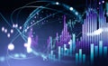 Graph changes lines and bars with rising candlesticks and earth globe