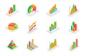 Graph and charts concept 3d isometric icons set. Bundle elements