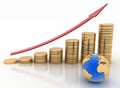 Graph from coins with arrow and globe. Global success concept Royalty Free Stock Photo