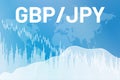 Graph currency pair GBP, JPY on blue finance background from columns, lines, candlesticks, world map Royalty Free Stock Photo