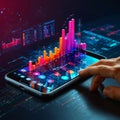 Graph with data analysis and data statistics on an isometric mobile phone. Landing page design Royalty Free Stock Photo