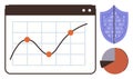 Data Analytics Graph with Cybersecurity Shield and Pie Chart Elements Royalty Free Stock Photo
