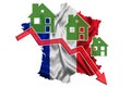 Graph of declining demand, falling prices, rental rates for housing and houses, reduction of construction. Small houses icon on a