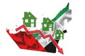 Graph of declining demand, falling prices, rental rates for housing and houses, reduction of construction. Small houses icon on a
