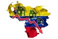 Graph of declining demand, falling prices, rental rates for housing and houses, reduction of construction. Small houses icon on a