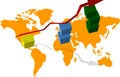 Graph of economic growth, world map, growing cubes, and the arrow in the upper Royalty Free Stock Photo