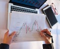 Graph with fibonacci indicator concept, Business man analyzing stock graph chart by fibonacci indicator