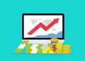 Graph of growth money profit. Arrow of grow of cash investment on chart. Rise of financial budget. Performance business on monitor