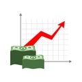 Graph growth money. Red up arrow. Increase in cash profit. Bundle of dollars. Increase amount of money savings. Element for