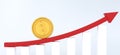Graph of growth up and golden dollar coin on top. Earning, saving and investing money concept, 3d rendering