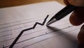 Graph illustrating an upward trend followed by a sharp decline drawn on paper with a pen, highlighting key points of