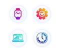 Graph laptop, Cogwheel and Smartwatch icons set. Time sign. Mobile report, Engineering tool, Digital time. Vector Royalty Free Stock Photo