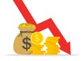 Graph of money loss. Low cost dollars. Crisis of economy with decrease sales and revenue. Icon of reduction of market and economic