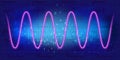 Graph with neon periodic sinusoidal curve on blue background with binary code. Concept of technology of discrete data transfer in