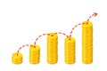 Graph out of columns of gold coins with dashed red arrow