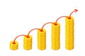 Graph out of columns of gold coins with red arrow