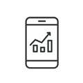 Graph a phone, icon in line design. Graph, phone, data, communication, mobile, chart, technology on white background