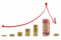 Graph rising and falling money. Red arrow up and down. Royalty Free Stock Photo