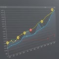Graph showcasing two intersecting line charts on a gray background, marked by data Royalty Free Stock Photo