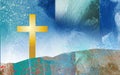 Graphic abstact golden Christian cross at Calvary on brushstroke background