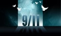 Graphic abstract 9/11 nine eleven memorial brush stroke background with doves