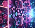 Graphic of Abstract representation of AIdriven data visualization using neon colors and hitech hexagon patterns