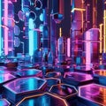 Graphic of Abstract representation of AIdriven data visualization using neon colors and hitech hexagon patterns