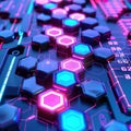 Graphic of Abstract representation of AIdriven data visualization using neon colors and hitech hexagon patterns