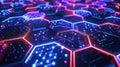 Graphic of Abstract representation of AIdriven data visualization using neon colors and hitech hexagon patterns