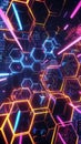 Graphic of Abstract representation of AIdriven data visualization using neon colors and hitech hexagon patterns