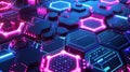 Graphic of Abstract representation of AIdriven data visualization using neon colors and hitech hexagon patterns