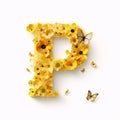 Alphabet letter P made of yellow flowers and butterflies isolated on white background Royalty Free Stock Photo