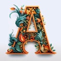Beautiful capital letter A decorated with flowers and leaves. Vector illustration Royalty Free Stock Photo