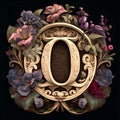 Beautiful floral capital letter O decorated with flowers and leaves on black background Royalty Free Stock Photo