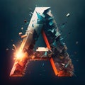 Futuristic letter A cracked into small fragments. 3d rendering